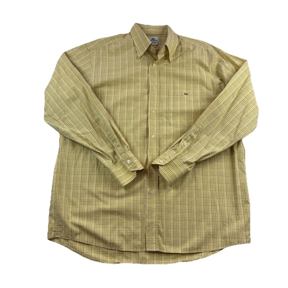 Lacoste Button Up Shirt Mens 44 Yellow Plaid Alligator Logo Button Collar